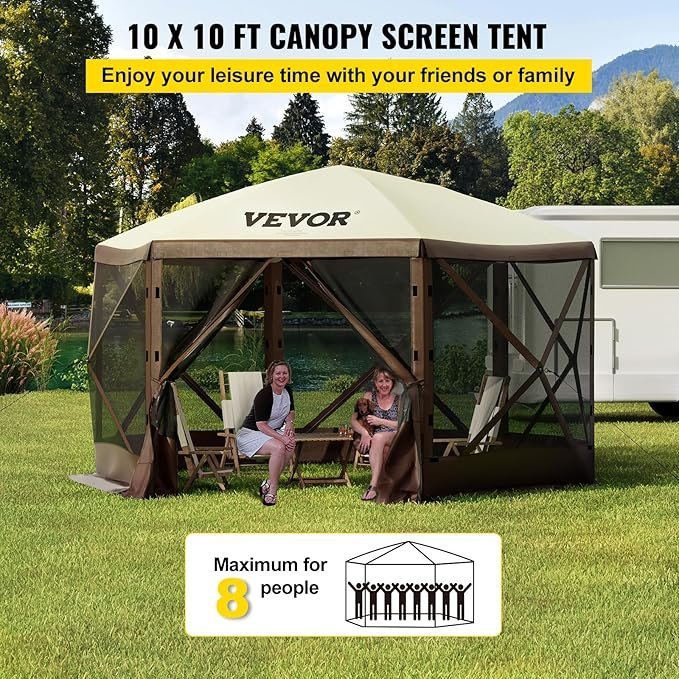 VEVOR Pop Up Gazebo Screen Tent, Pop-Up Instant Gazebo Tents with Mosquito Netting Outdoor Canopy, 6 Sided Sun Shelter 10x10ft with 6 Removable Wind Cloths & 2 Mesh Windows, Pavilion Tent for Patio - Image 4