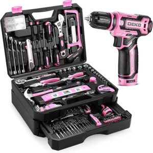 Pink Tool Kit Box Drill Set:DEKOPRO Home Mechanic Toolbox with 12V Power Cordless Drill Hand Repair Tools Sets Combo Kits Storage Organizer Drawer Case for Men & Women