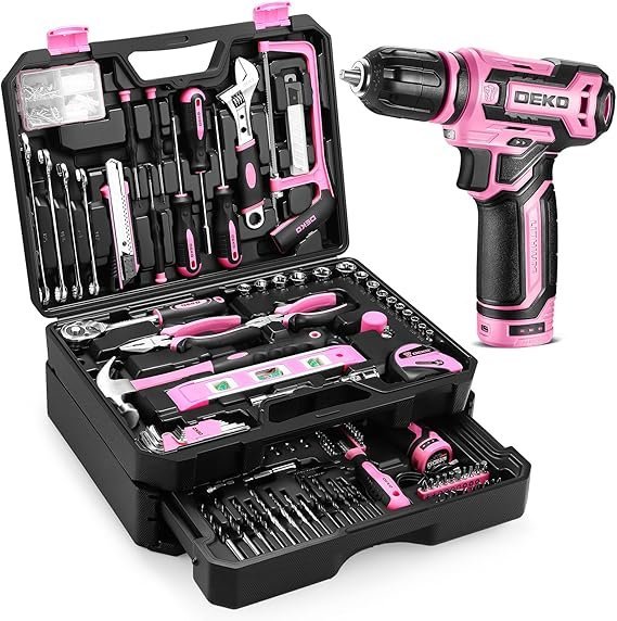 Pink Tool Kit Box Drill Set:DEKOPRO Home Mechanic Toolbox with 12V Power Cordless Drill Hand Repair Tools Sets Combo Kits Storage Organizer Drawer Case for Men & Women