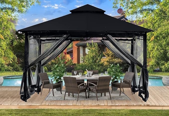 ABCCANOPY Gazebos for Patios 10x12 - Outdoor Steel Frame Gazebo with Mosquito Netting for Lawn Backyard Garden Deck (Black) - Image 5