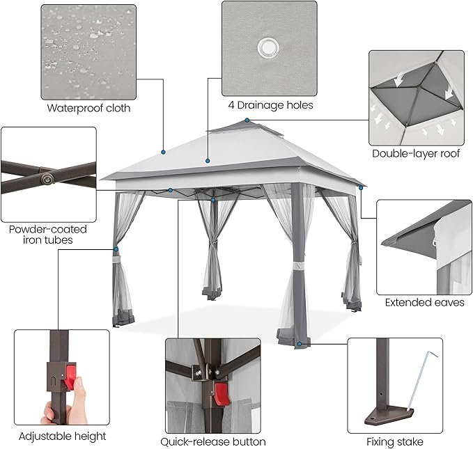Yaheetech 11x11 Pop Up Gazebo Outdoor Canopy Shelter, Instant Patio Gazebo Sun Shade Canopy Tent with 4 Sandbags, 2 Tiers Roof & Mesh Netting for Lawn, Garden, Backyard & Deck, Gray - Image 2