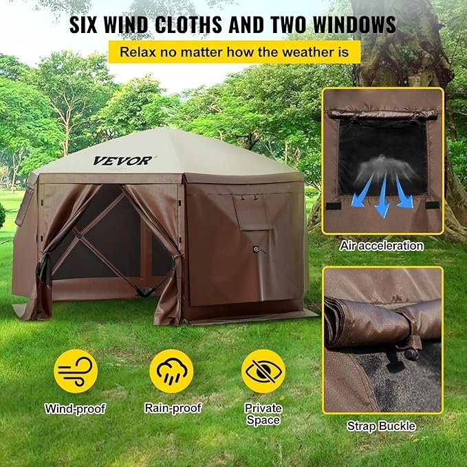 VEVOR Pop Up Gazebo Screen Tent, Pop-Up Instant Gazebo Tents with Mosquito Netting Outdoor Canopy, 6 Sided Sun Shelter 10x10ft with 6 Removable Wind Cloths & 2 Mesh Windows, Pavilion Tent for Patio - Image 3
