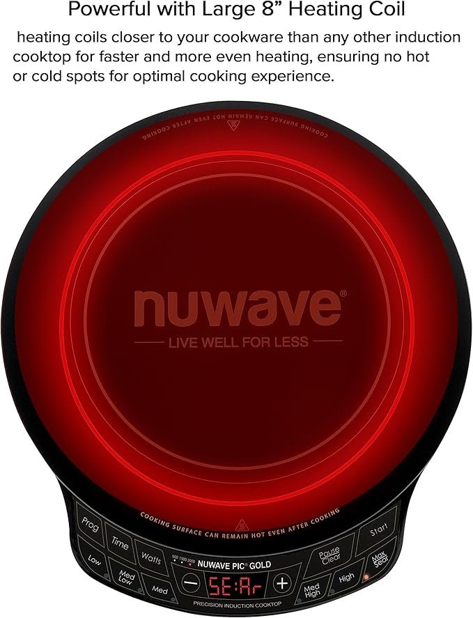 Nuwave Precision Induction Cooktop Gold, 12” Shatter-Proof Ceramic Glass Surface, Large 8” Heating Coil, Portable, 51Temp Settings 100°F to 575°F, 3 Wattage Settings 600, 900, and 1500 Watts - Image 4