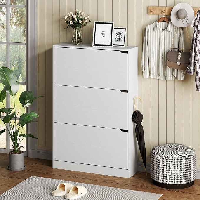 BORNOON Shoe Cabinet with 3 Flip Drawers, Hidden Wood Shoe Cabinet,Freestanding Shoe Storage Cabinet for Entryway Hallway.White. 47.2" H*31.5" W*9.45" D. - Image 4