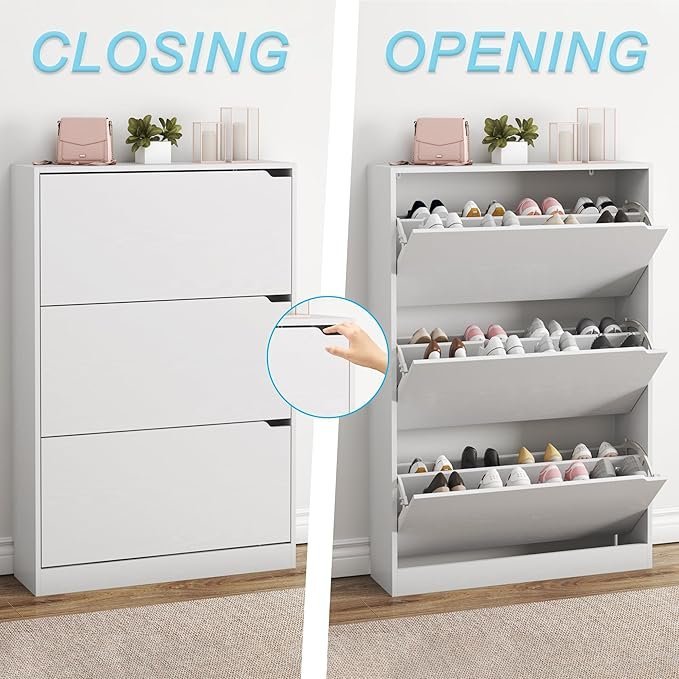 BORNOON Shoe Cabinet with 3 Flip Drawers, Hidden Wood Shoe Cabinet,Freestanding Shoe Storage Cabinet for Entryway Hallway.White. 47.2" H*31.5" W*9.45" D. - Image 2