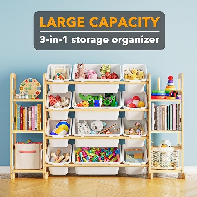 SpaceAid Toy Storage Organizer with 6 Shelves and 12 Bins, Bookshelf/Bookcase, Kids Bin Shelf, Toys Box for Playroom Organization for Bedroom & Room Decor, White, 52.3" W - Image 4