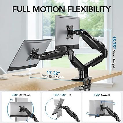 HUANUO FlowLift Dual Monitor Stand, Fully Adjustable Gaming Monitor Desk Mount for 13–32″ Computer Screens, Full Motion VESA 75x75/100x100 with C-Clamp & Grommet Base, Each Arm Holds 4.4 to 19.8 lbs - Image 4
