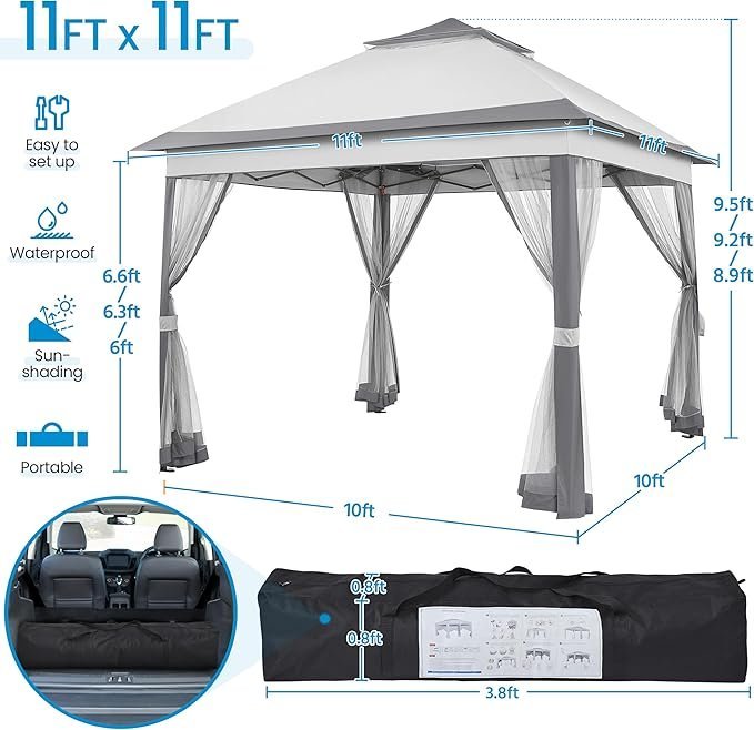 Yaheetech 11x11 Pop Up Gazebo Outdoor Canopy Shelter, Instant Patio Gazebo Sun Shade Canopy Tent with 4 Sandbags, 2 Tiers Roof & Mesh Netting for Lawn, Garden, Backyard & Deck, Gray - Image 3