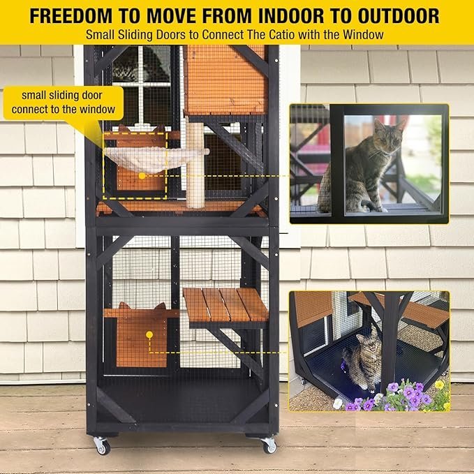 Aivituvin Cat House Window Catio Outdoor Cat Enclosure Mobile Kitty Shelter on Wheels Pet Cage with Resting Box,Hammocks,Waterproof Cover - Image 2