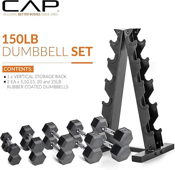 CAP Barbell Rubber Coated Dumbbell Weight Set with Vertical Rack | 100 lb, 150 lb, and 210 lb Options - Image 5