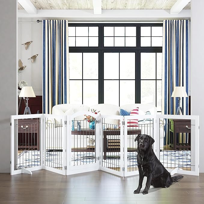 PAWLAND 144-inch Extra Wide 30-inches Tall Dog gate with Door Walk Through, Freestanding Wire Pet Gate for The House, Doorway, Stairs, Pet Puppy Safety Fence, Support Feet Included, White,6 Panels - Image 4