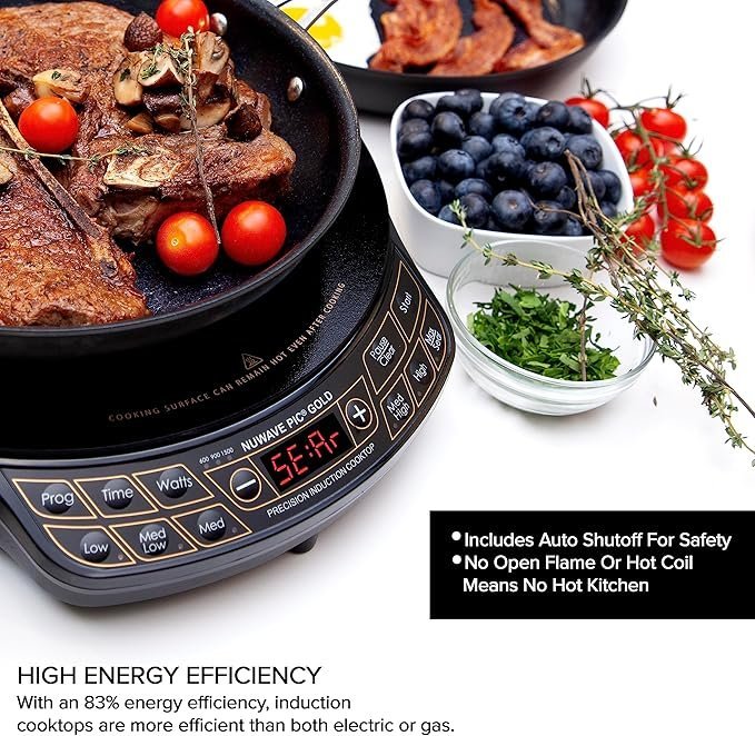 Nuwave Precision Induction Cooktop Gold, 12” Shatter-Proof Ceramic Glass Surface, Large 8” Heating Coil, Portable, 51Temp Settings 100°F to 575°F, 3 Wattage Settings 600, 900, and 1500 Watts - Image 5