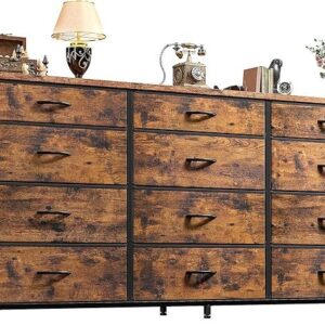 Romorgniz 55" Dresser for Bedroom with 12 Fabric Drawers, Entertainment Center for 60 inch TV Dressers & Chests of Drawers Large Organizer, Living Room, Metal Frame, Wood Top, Rustic Brown
