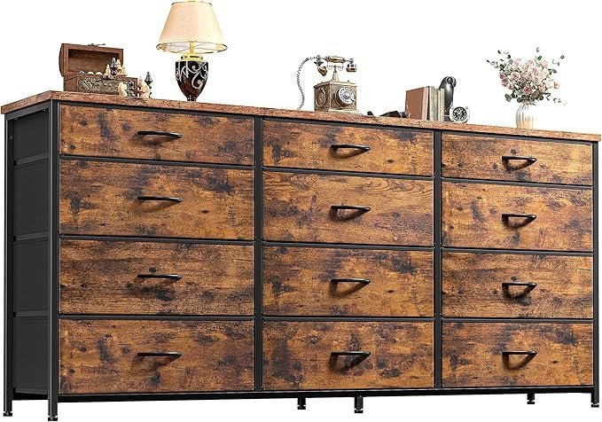 Romorgniz 55" Dresser for Bedroom with 12 Fabric Drawers, Entertainment Center for 60 inch TV Dressers & Chests of Drawers Large Organizer, Living Room, Metal Frame, Wood Top, Rustic Brown