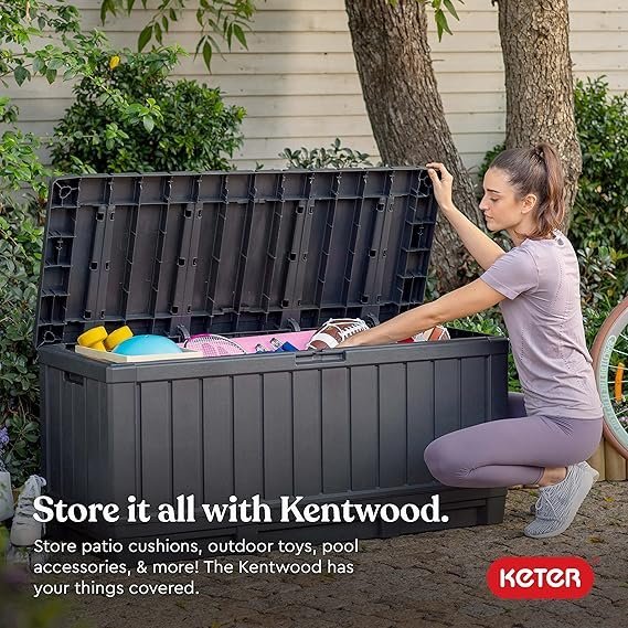 PatioZen 100 Gallon Resin Deck Box, Lockable Patio Outdoor Storage Box for Furniture, Garden Tools and Tools Storage, Waterproof Outside Storage Boxes - Black