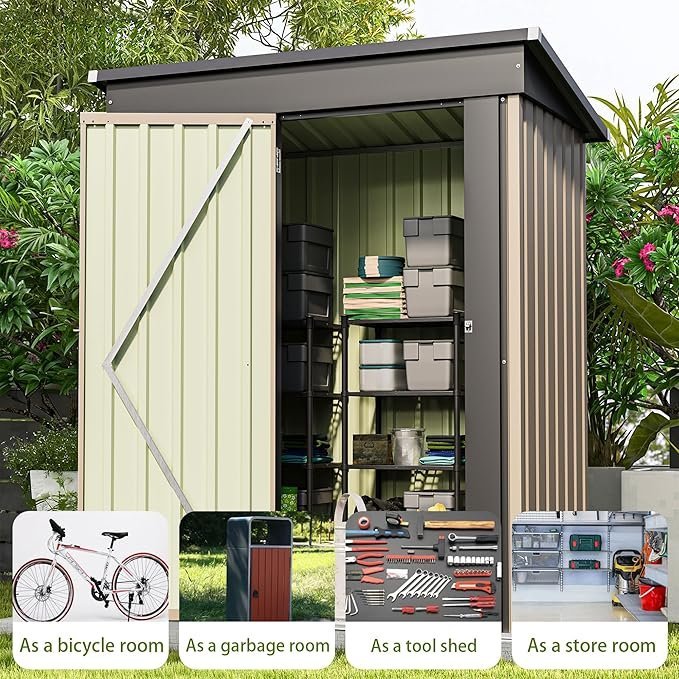 Patiowell 5x3 FT Outdoor Storage Shed, Tool Shed with Sloping Roof and Lockable Door, Metal Shed for Backyard Garden Patio Lawn, Brown - Image 5