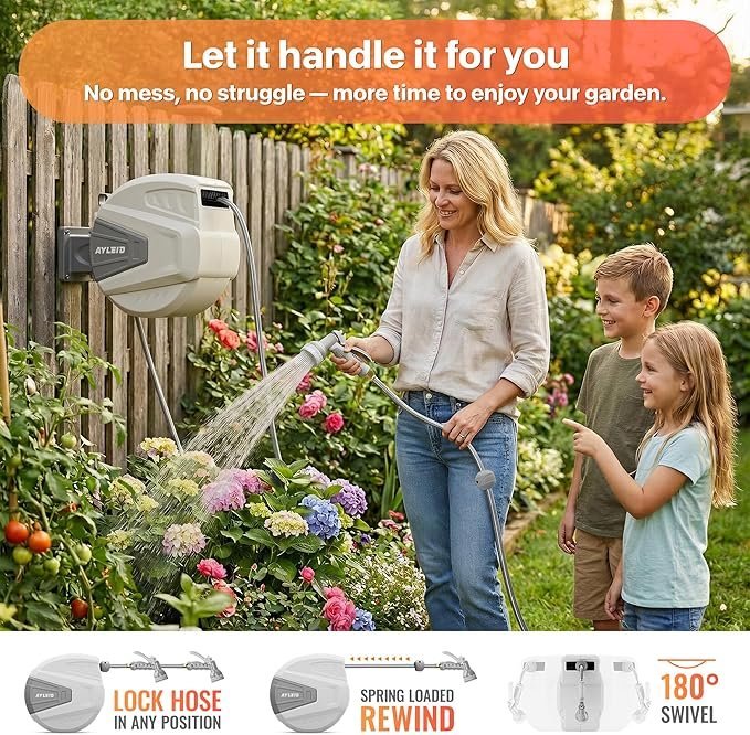 Ayleid Retractable Garden Hose Reel,1/2 in x 100 ft Wall Mounted Hose Reel, with 9- Function Sprayer Nozzle, Any Length Lock/Slow Return System/Wall Mounted/180°Swivel Bracket (Gray) - Image 2