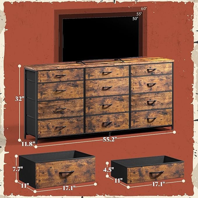 Romorgniz 55" Dresser for Bedroom with 12 Fabric Drawers, Entertainment Center for 60 inch TV Dressers & Chests of Drawers Large Organizer, Living Room, Metal Frame, Wood Top, Rustic Brown - Image 3