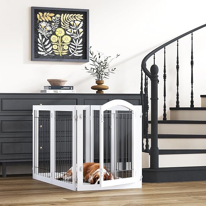 PAWLAND 144-inch Extra Wide 30-inches Tall Dog gate with Door Walk Through, Freestanding Wire Pet Gate for The House, Doorway, Stairs, Pet Puppy Safety Fence, Support Feet Included, White,6 Panels - Image 5