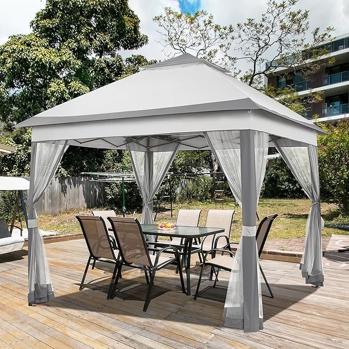 Yaheetech 11x11 Pop Up Gazebo Outdoor Canopy Shelter, Instant Patio Gazebo Sun Shade Canopy Tent with 4 Sandbags, 2 Tiers Roof & Mesh Netting for Lawn, Garden, Backyard & Deck, Gray - Image 5