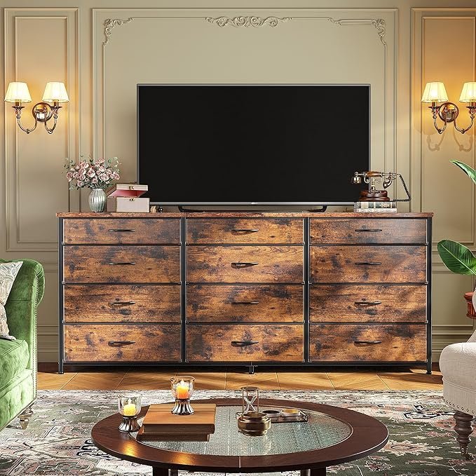 Romorgniz 55" Dresser for Bedroom with 12 Fabric Drawers, Entertainment Center for 60 inch TV Dressers & Chests of Drawers Large Organizer, Living Room, Metal Frame, Wood Top, Rustic Brown - Image 4