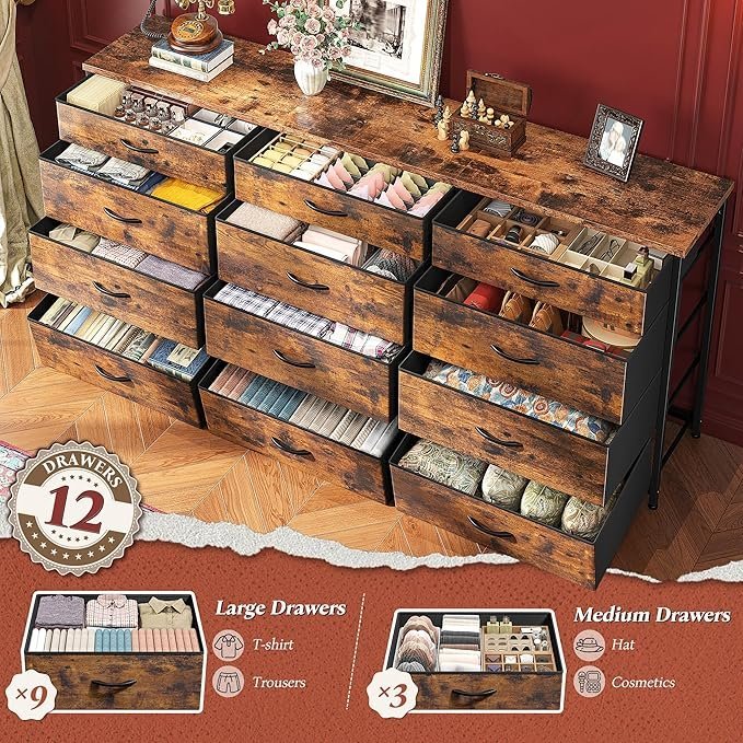 Romorgniz 55" Dresser for Bedroom with 12 Fabric Drawers, Entertainment Center for 60 inch TV Dressers & Chests of Drawers Large Organizer, Living Room, Metal Frame, Wood Top, Rustic Brown - Image 2