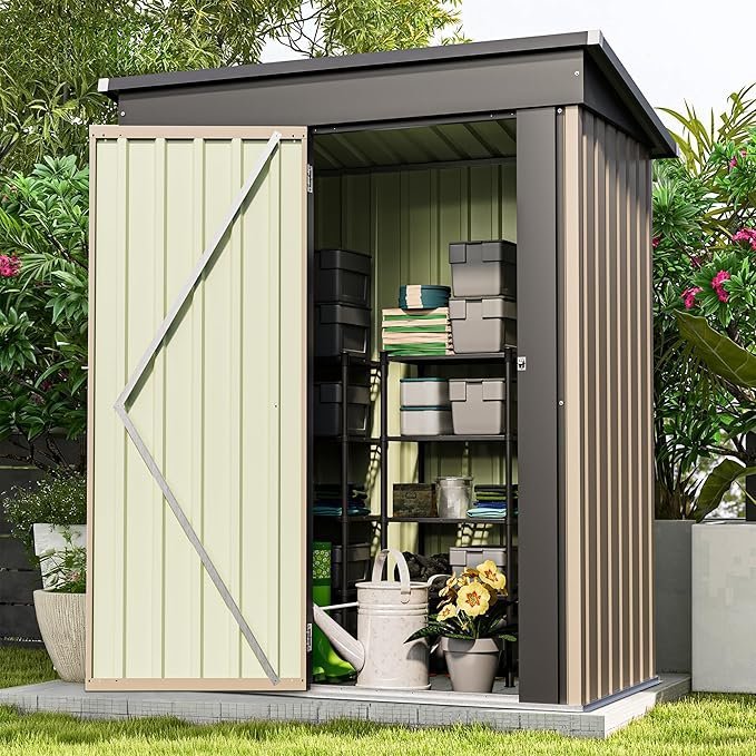 Patiowell 5x3 FT Outdoor Storage Shed, Tool Shed with Sloping Roof and Lockable Door, Metal Shed for Backyard Garden Patio Lawn, Brown - Image 4