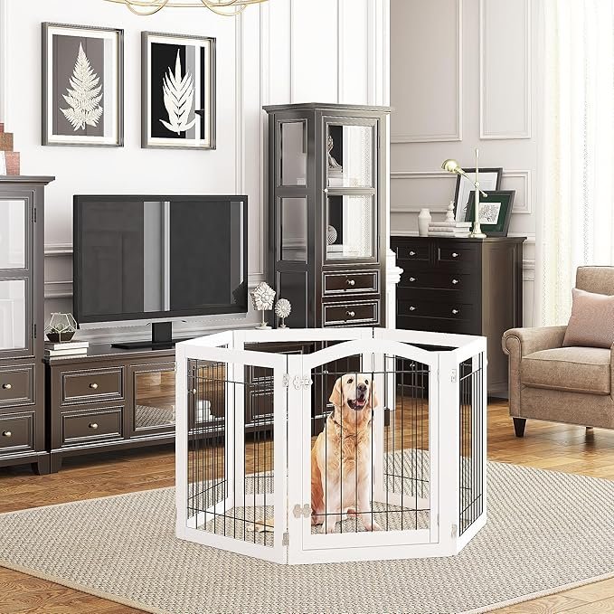 PAWLAND 144-inch Extra Wide 30-inches Tall Dog gate with Door Walk Through, Freestanding Wire Pet Gate for The House, Doorway, Stairs, Pet Puppy Safety Fence, Support Feet Included, White,6 Panels - Image 2