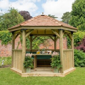 3.6m Premium Hexagonal Wooden Garden Gazebo with Cedar Roof – Furnished (Green)