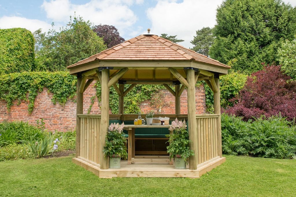 3.6m Premium Hexagonal Wooden Garden Gazebo with Cedar Roof – Furnished (Green)