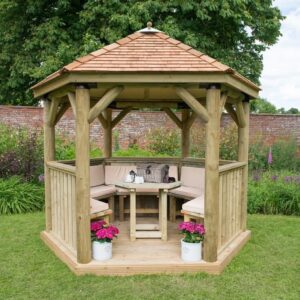 3m Premium Hexagonal Wooden Garden Gazebo with Cedar Roof – Furnished (Cream)