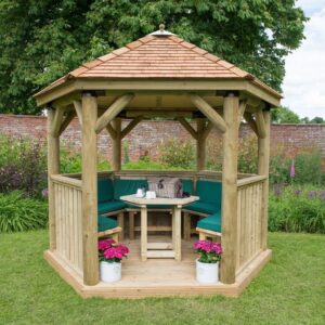 3m Premium Hexagonal Wooden Garden Gazebo with Cedar Roof – Furnished (Green)