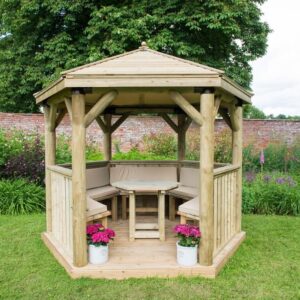 3m Premium Hexagonal Wooden Garden Gazebo with Timber Roof – Furnished (Cream)
