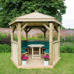 3m Premium Hexagonal Wooden Garden Gazebo with Timber Roof – Furnished (Green)