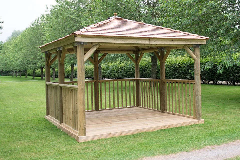 3.5m Premium Square Wooden Garden Gazebo with Cedar Roof – Including Base